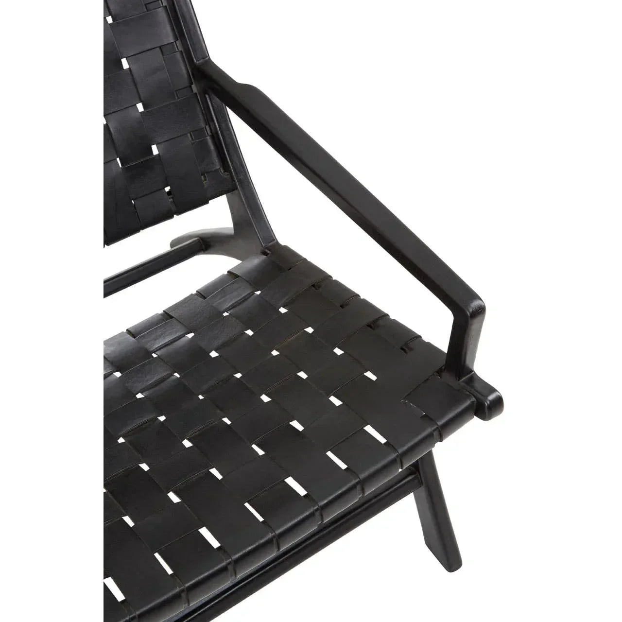 Black leather strap lounge chair with wooden armrest and woven seat detail close-up