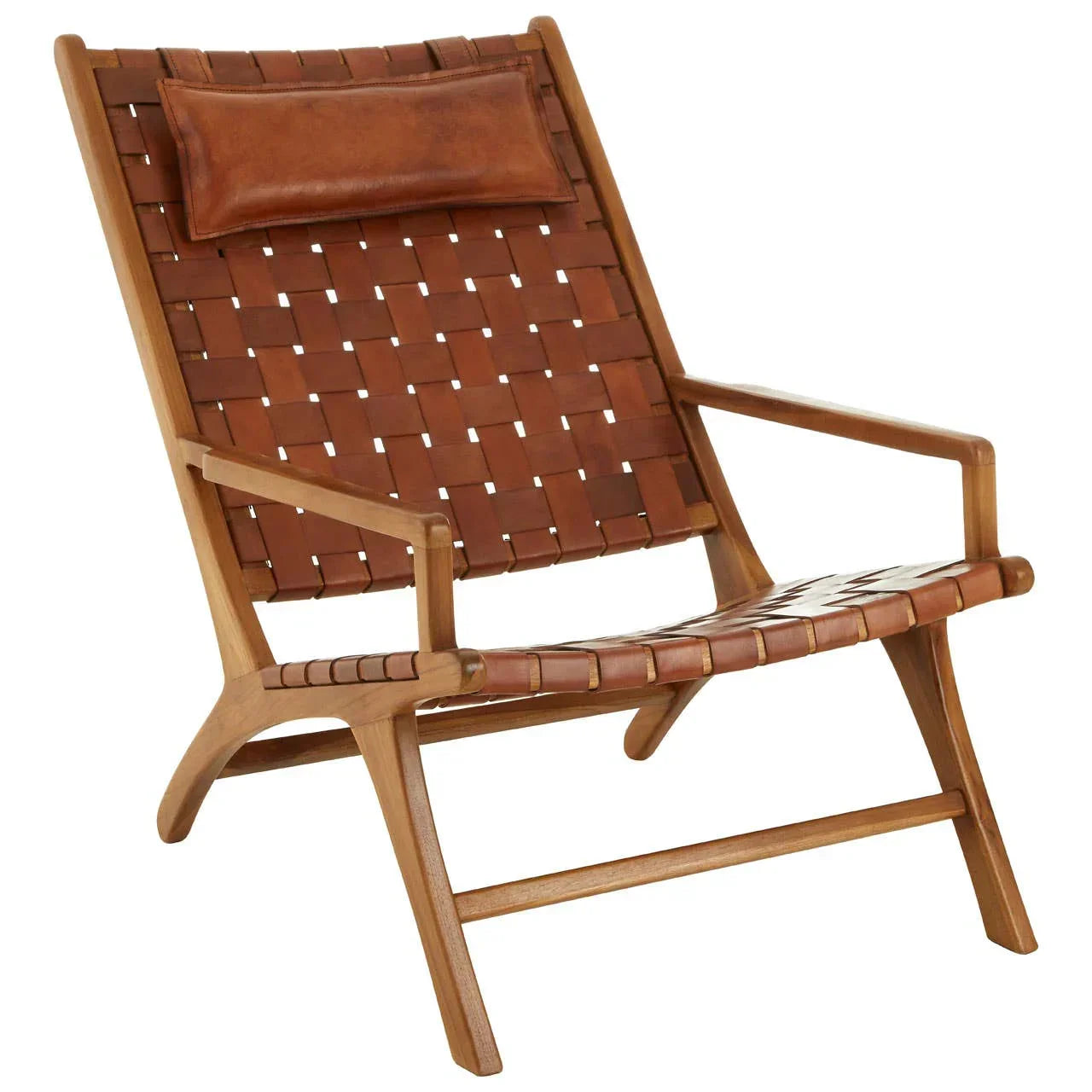 Brown leather woven lounge chair with wooden frame and cushioned headrest