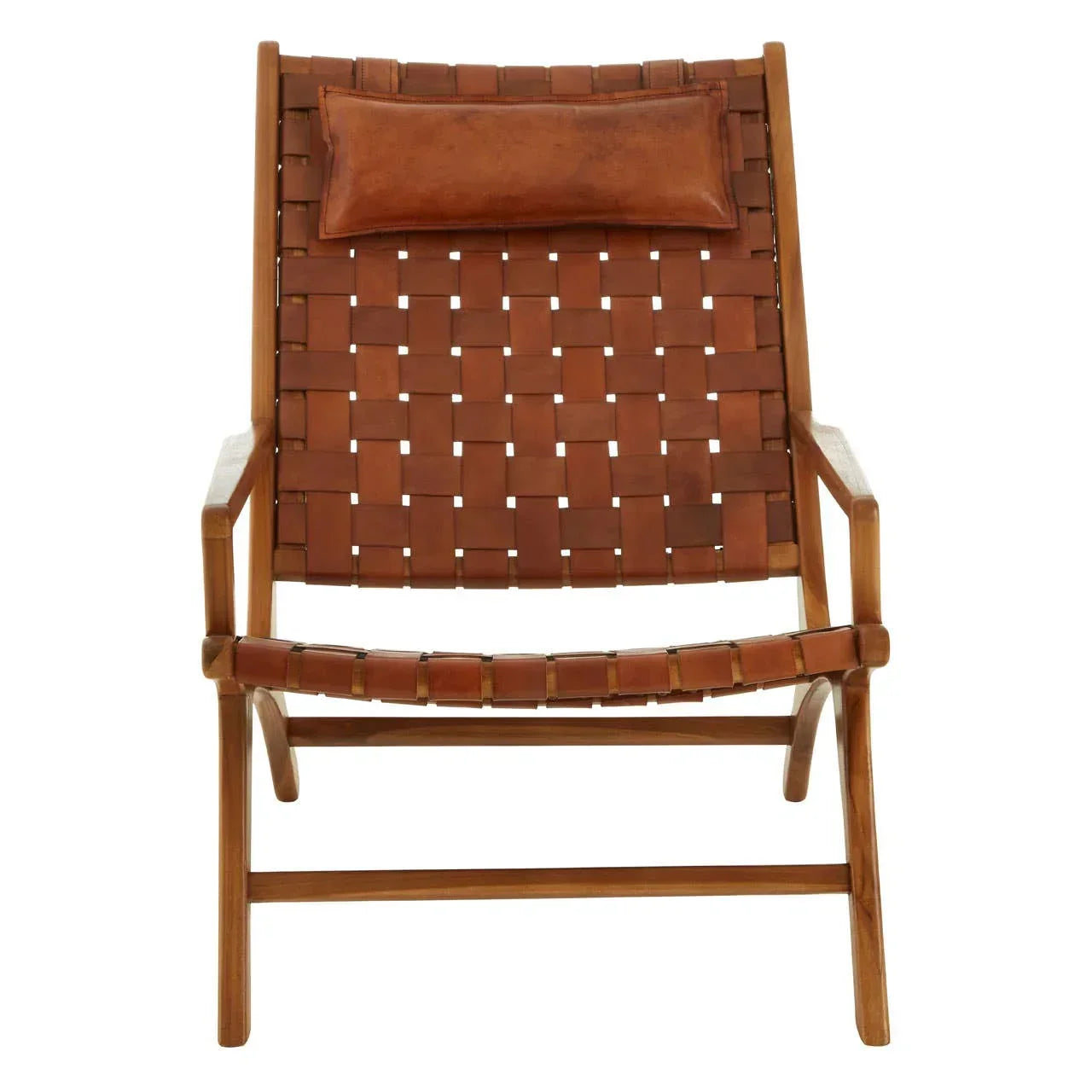 Brown leather lounge chair with woven seat and wooden frame, front facing view