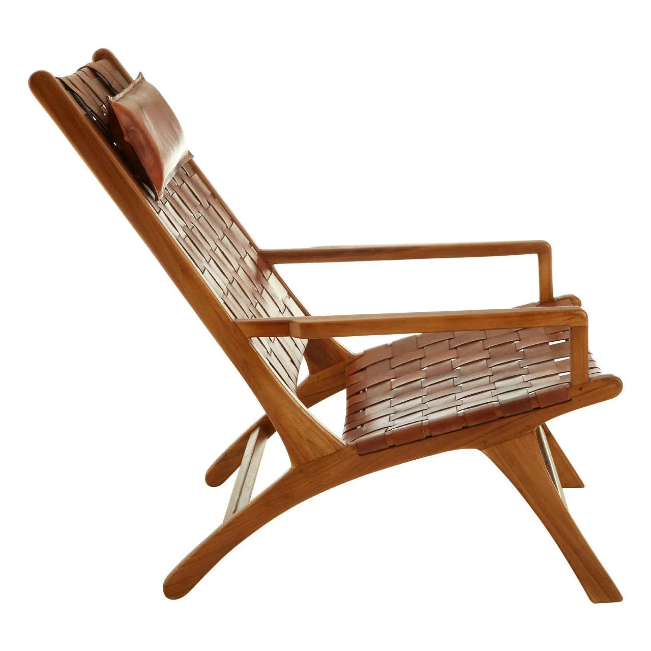 Mid-century lounge chair with woven leather seat and back, angled wooden frame, side view