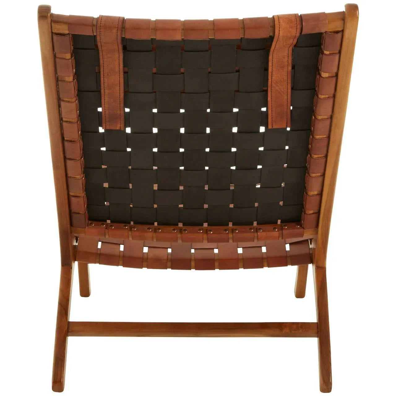 Rear view of brown leather woven accent chair with wooden frame