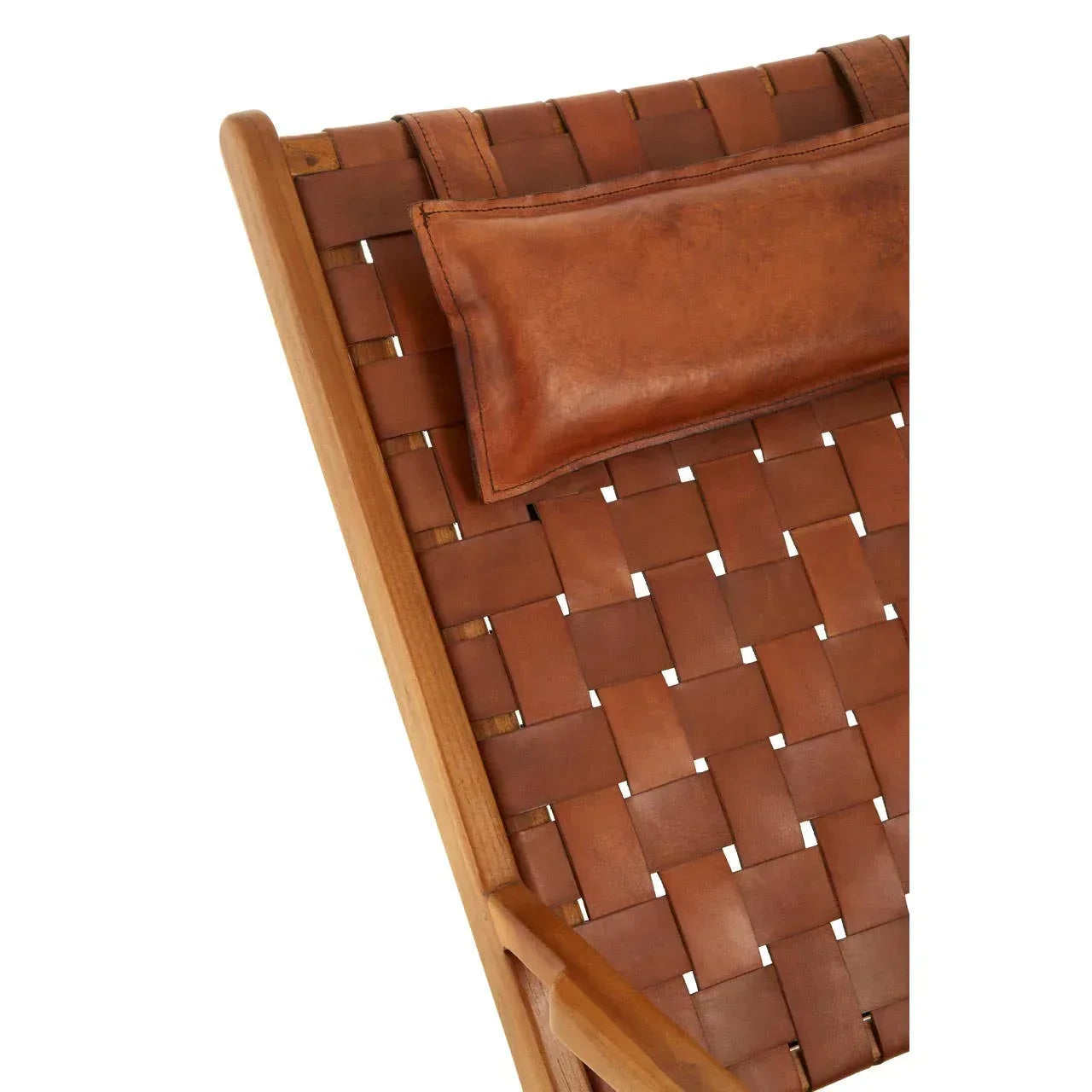 Closeup of woven brown leather lounge chair with headrest and wooden frame