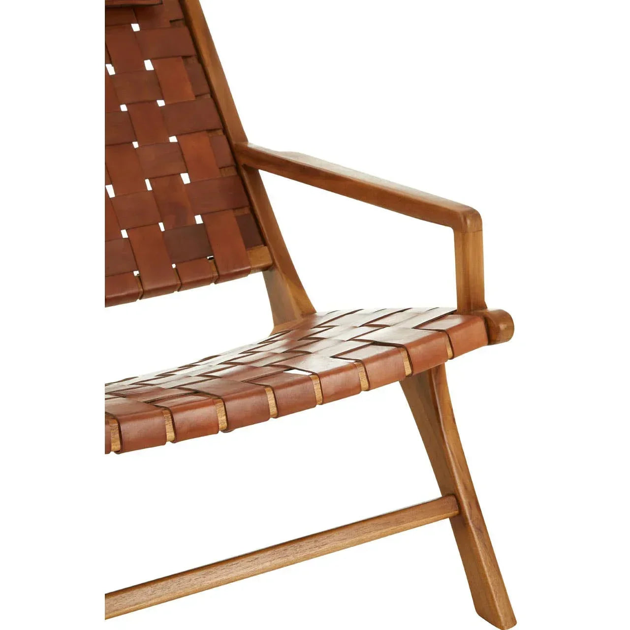 Close up of woven leather lounge chair seat with wooden frame and armrest