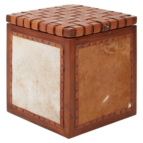 Square storage stool featuring a combination of hair-on leather and smooth leather panels in warm brown tones, with a textured woven lid and decorative stitching along the edges