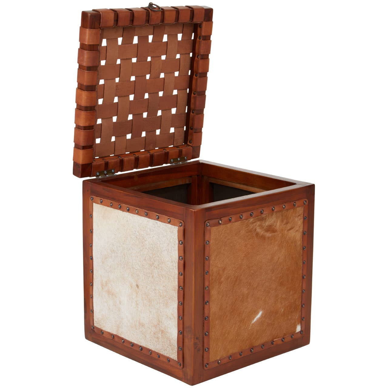 A square storage stool featuring a hair-on leather exterior with a woven lid, showcasing a combination of brown and cream colors. The lid is slightly open, revealing the interior storage space
