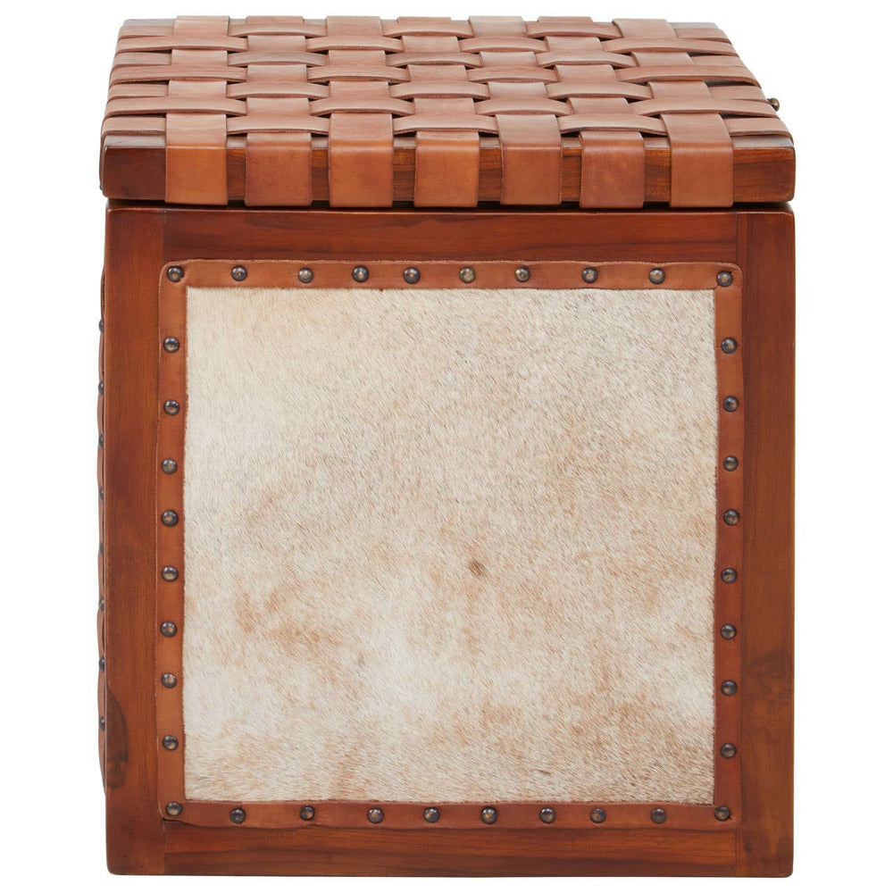 A square storage stool featuring a textured leather top with a woven pattern and a smooth, light-colored leather front panel. The stool has a sturdy wooden frame with a rich brown finish, adding a rustic touch to home decor