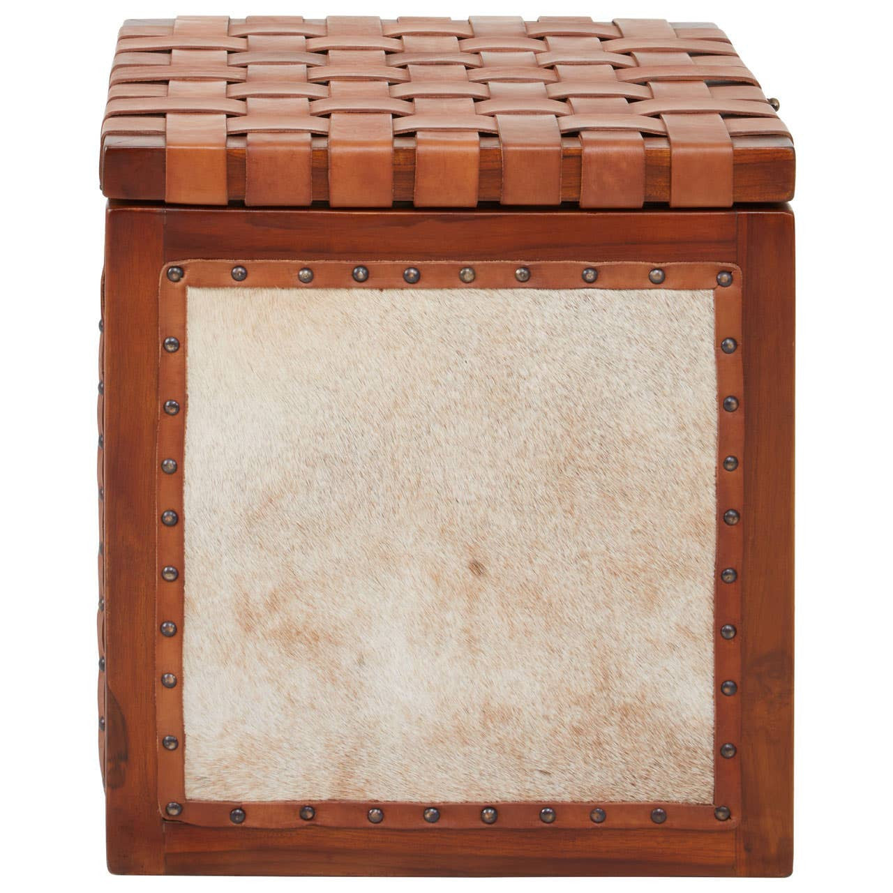 A square storage stool featuring a textured leather top with a woven pattern and a smooth, light-colored leather front panel. The stool has a sturdy wooden frame with a rich brown finish, adding a rustic touch to home decor