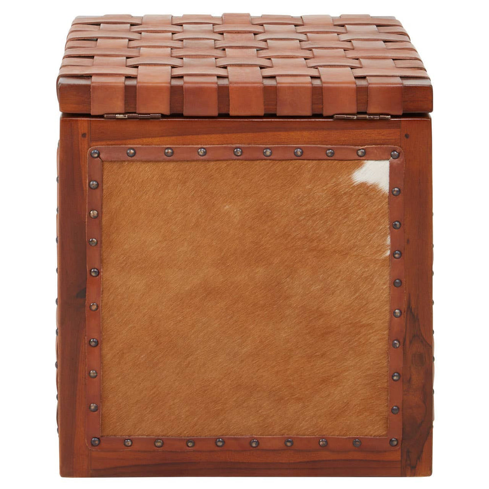 A square storage stool featuring a textured hair-on-leather top in a rich brown color, with a smooth leather panel on the front and decorative stitching along the edges. The stool has a sturdy wooden frame and a rustic design, suitable for home decor