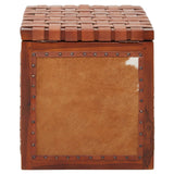 A square storage stool featuring a textured hair-on-leather top in a rich brown color, with a smooth leather panel on the front and decorative stitching along the edges. The stool has a sturdy wooden frame and a rustic design, suitable for home decor
