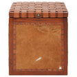 Kendari Hair on Leather Storage Stool featuring a square design with a textured, patterned top and a smooth, tan leather front panel. The stool has a warm brown color with subtle variations and a decorative border