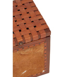 Brown leather storage stool with a woven top design, featuring a sturdy rectangular shape and a smooth surface. The sides are adorned with a natural leather finish, showcasing a rustic and stylish appearance