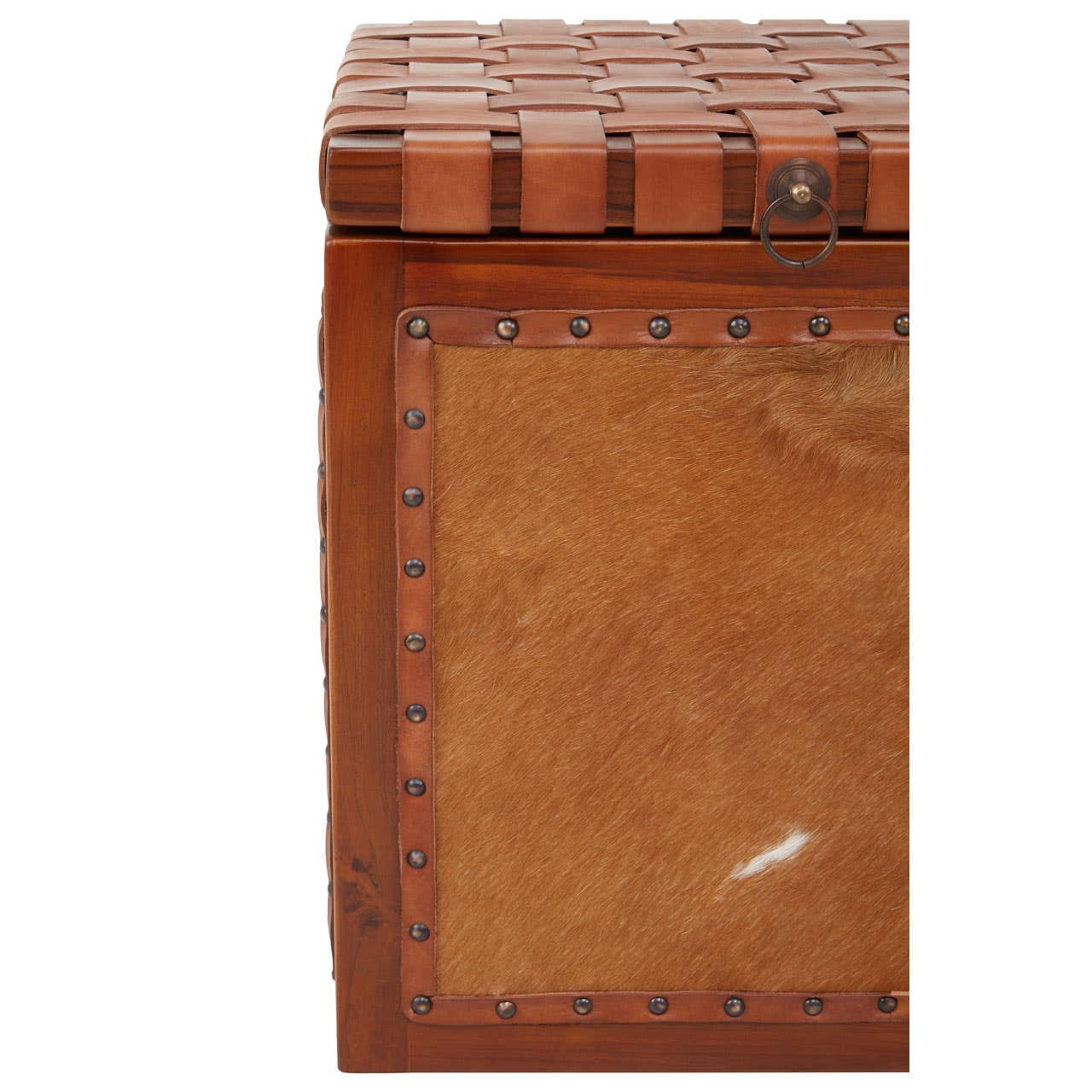 A rectangular storage stool featuring a textured hair-on-leather top with a striped pattern, complemented by a smooth leather body in a warm brown tone. The front side has a decorative border with subtle stitching details