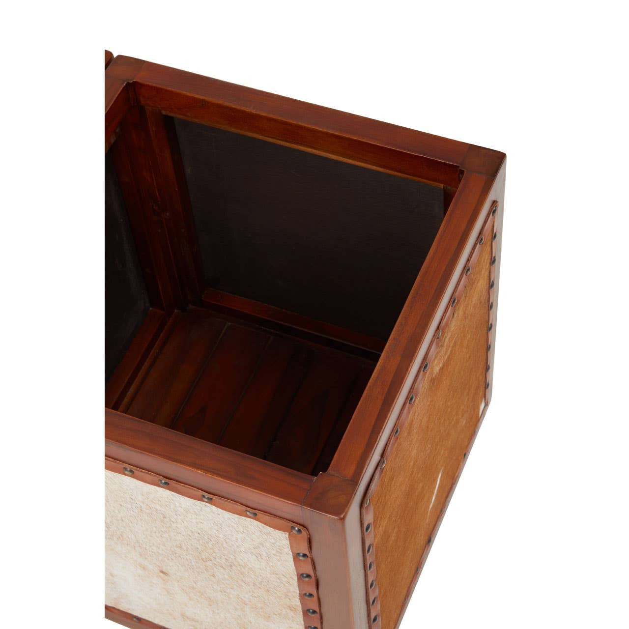 Top view of a Kendari Hair on Leather Storage Stool featuring a square design with a wooden frame and a leather panel. The interior is dark and spacious, suitable for storage, while the exterior showcases a combination of natural wood and hair-on leather textures