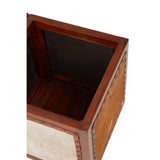 Top view of a Kendari Hair on Leather Storage Stool featuring a square design with a wooden frame and a leather panel. The interior is dark and spacious, suitable for storage, while the exterior showcases a combination of natural wood and hair-on leather textures