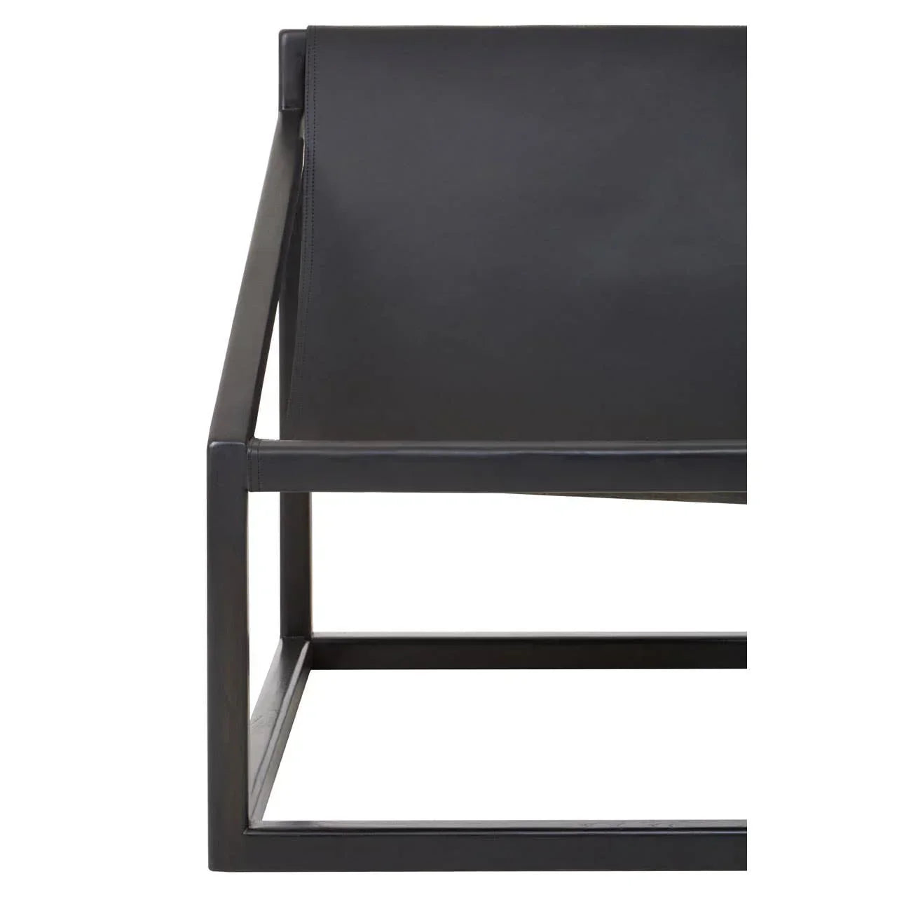 Black metal armchair with leather seat, side angle showing modern frame design