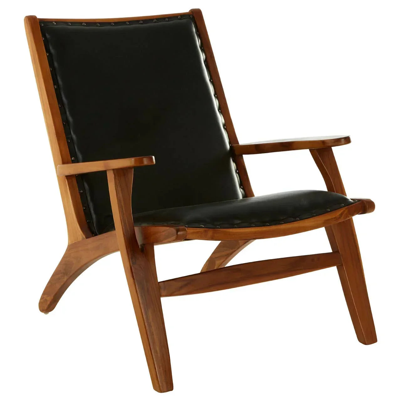 Wooden accent chair with black leather seat and backrest, angled armrests, and sturdy frame