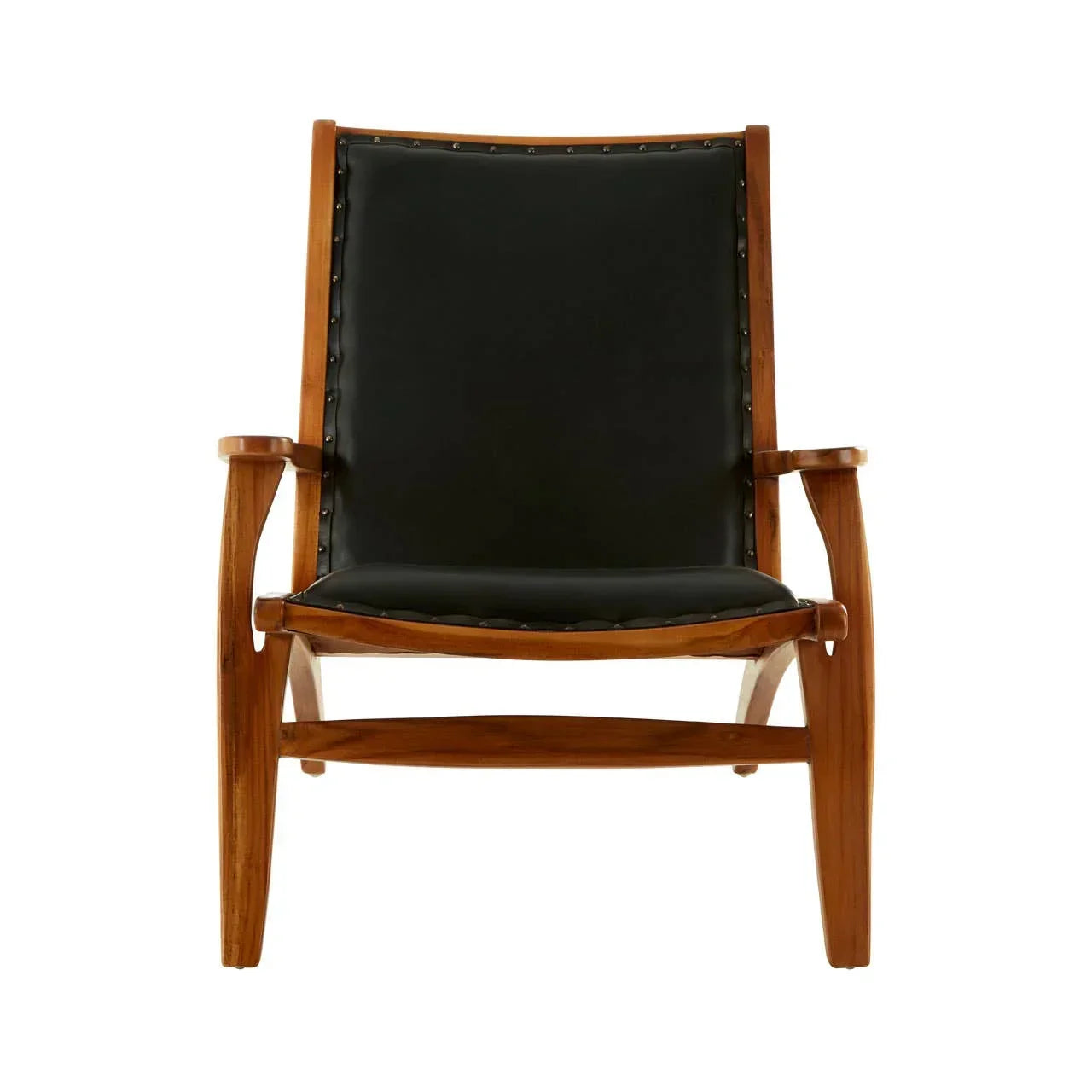 Mid-century wooden armchair with black leather seat and backrest, front view