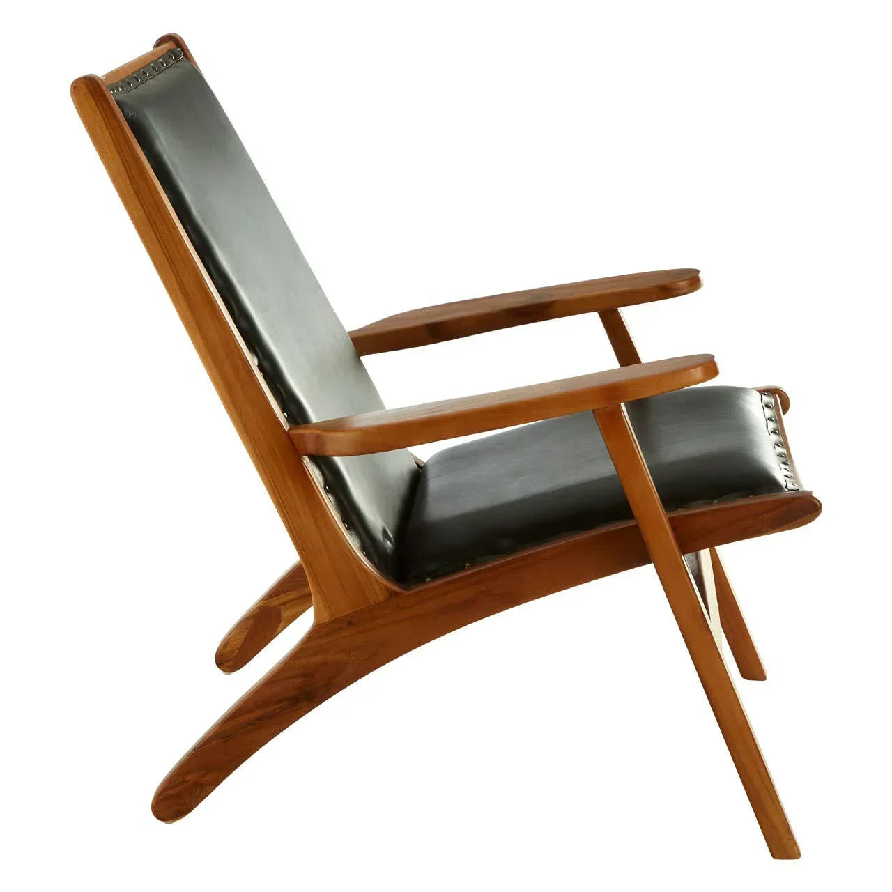 Mid-century lounge chair with dark leather seat and angled solid wood frame side view