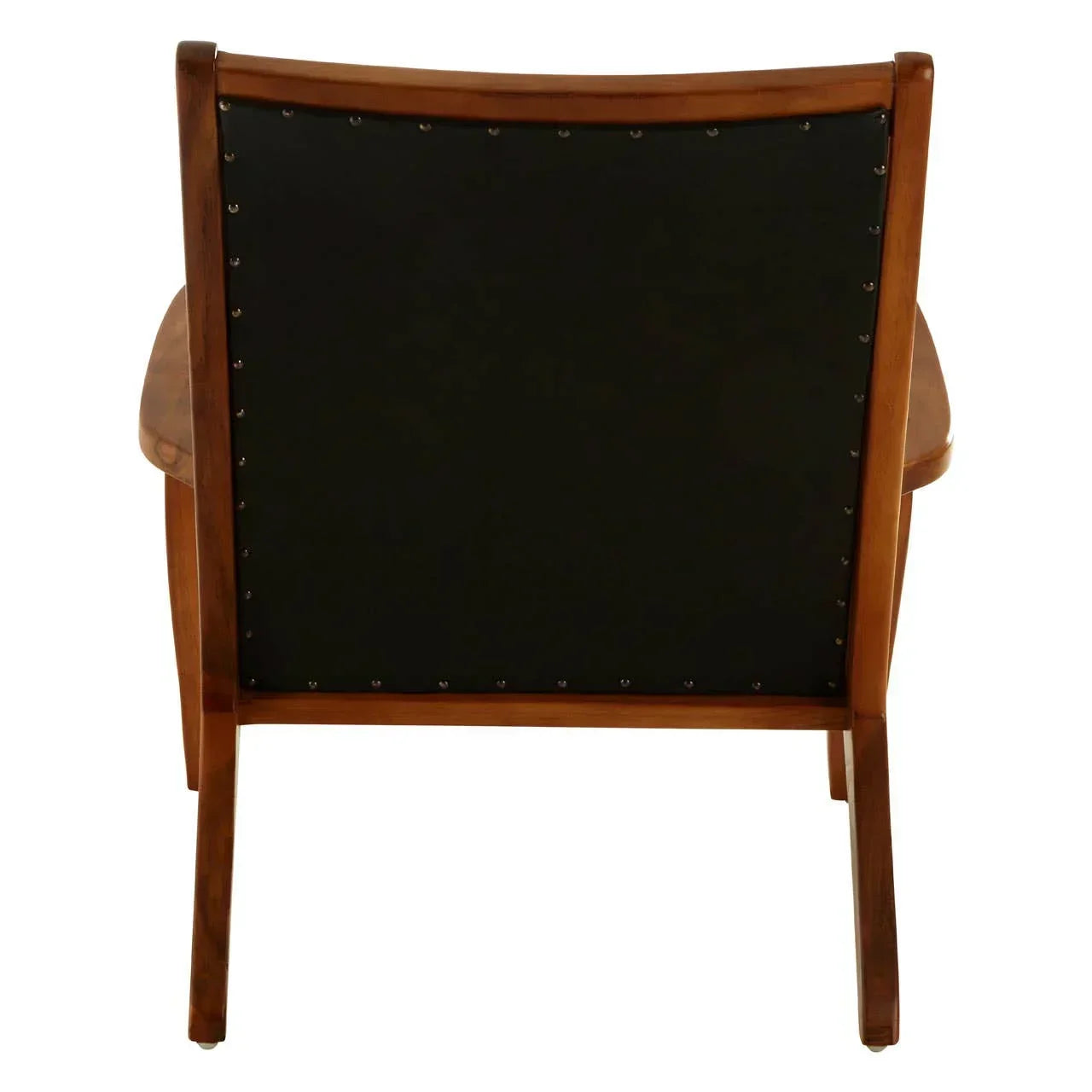 Back view of wooden armchair with brown frame and black upholstered panel