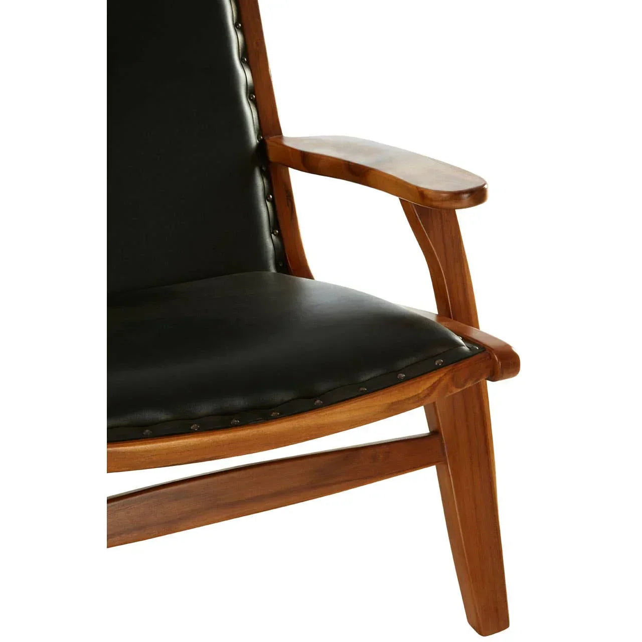 Close up of wooden armchair with black leather seat and backrest brass stud detail