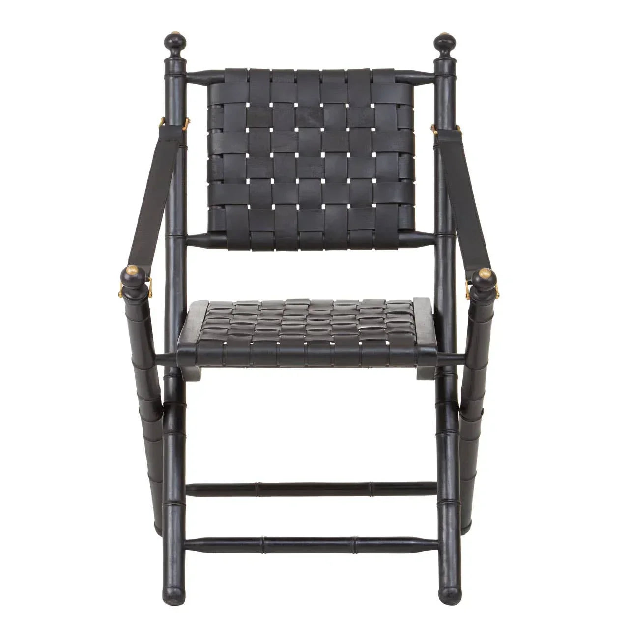 Black wooden armchair with woven leather seat and backrest, front view