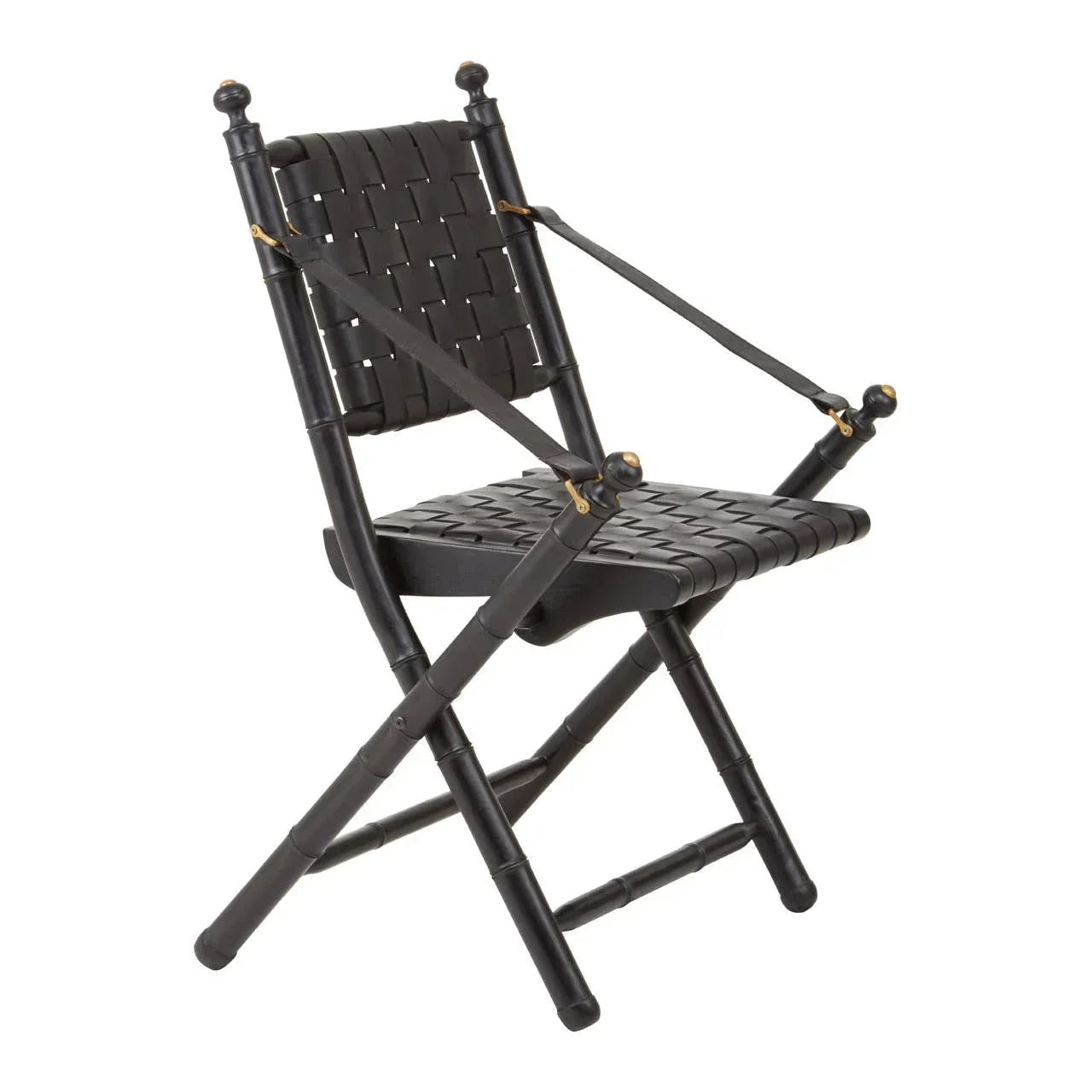 Black wooden folding chair with woven seat and backrest, angled view