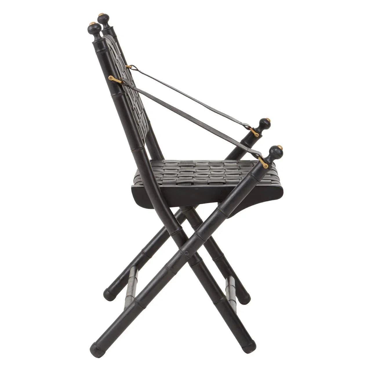 Black folding chair with woven seat and backrest, bamboo-style frame, side view