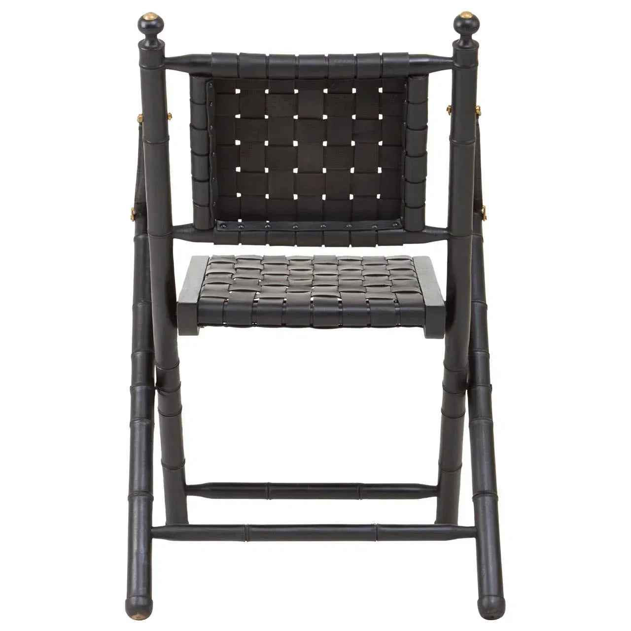 Black wooden folding chair with woven leather seat and backrest front view