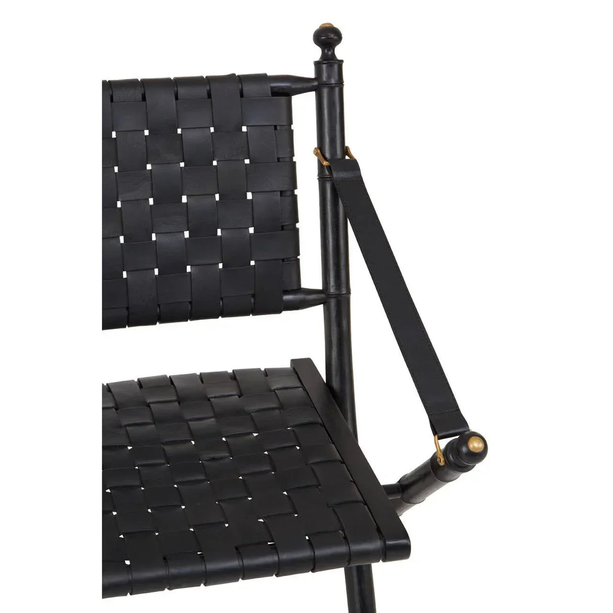 Close view of black woven leather dining chair seat and backrest with frame detail
