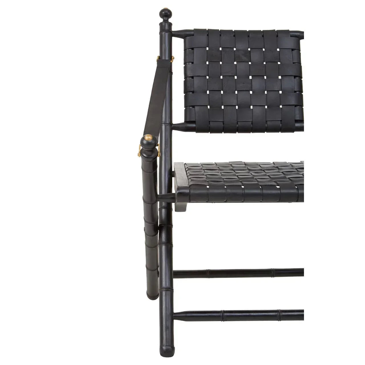 Black wooden accent chair with woven leather seat and back, partial side view