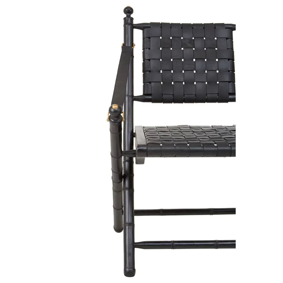 Black wooden accent chair with woven leather seat and back, partial side view