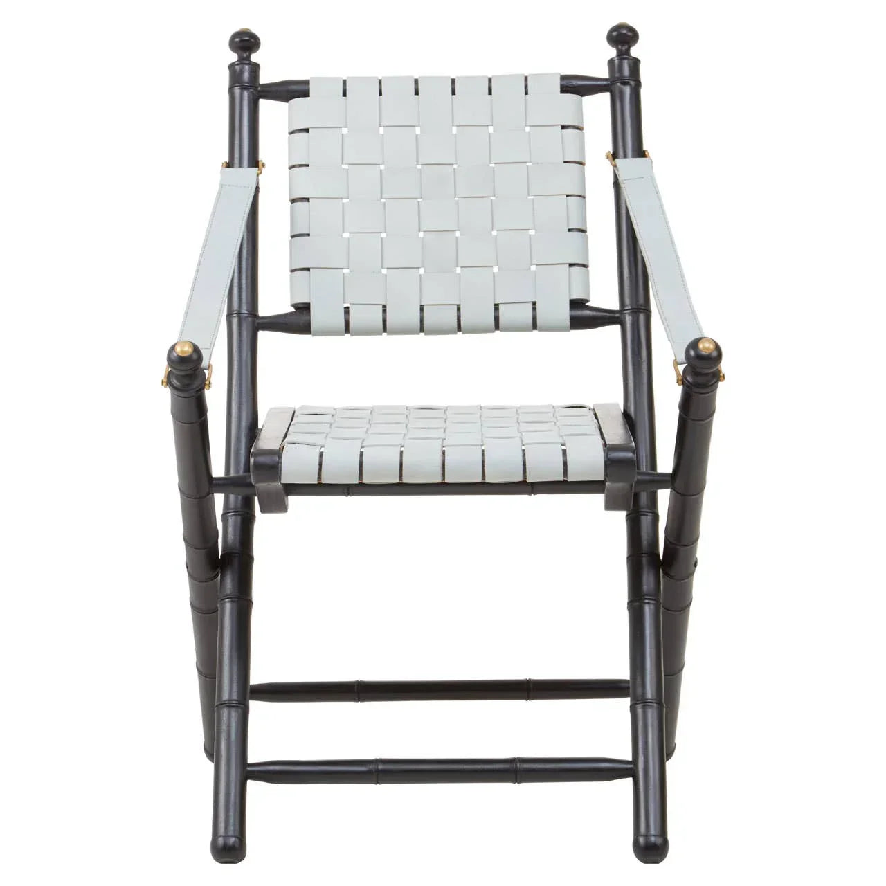 Black wood accent chair with white woven leather seat and backrest, front angle view