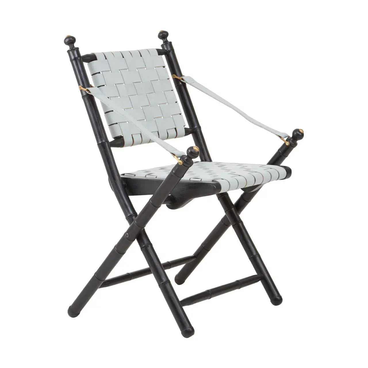 Folding chair with black wooden frame and woven light grey seat and backrest