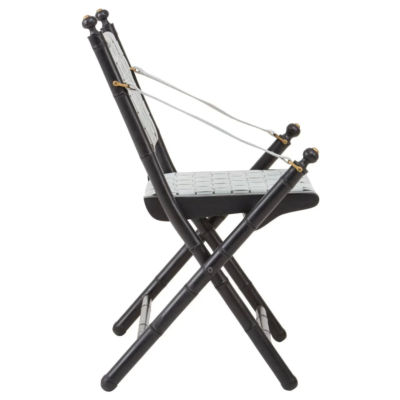 Black folding chair with woven seat and backrest, side profile view