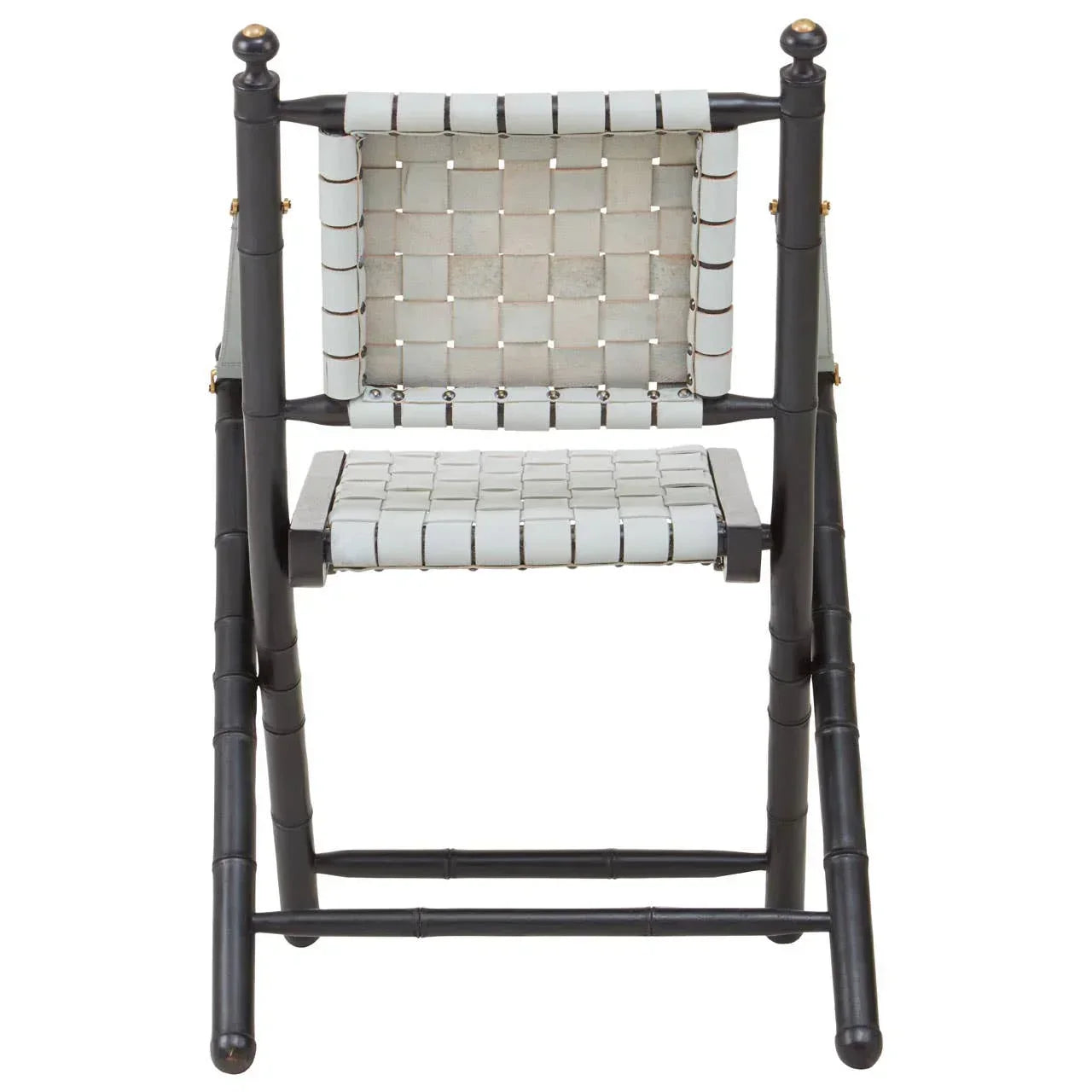 Front view of black wooden accent chair with woven white seat and backrest