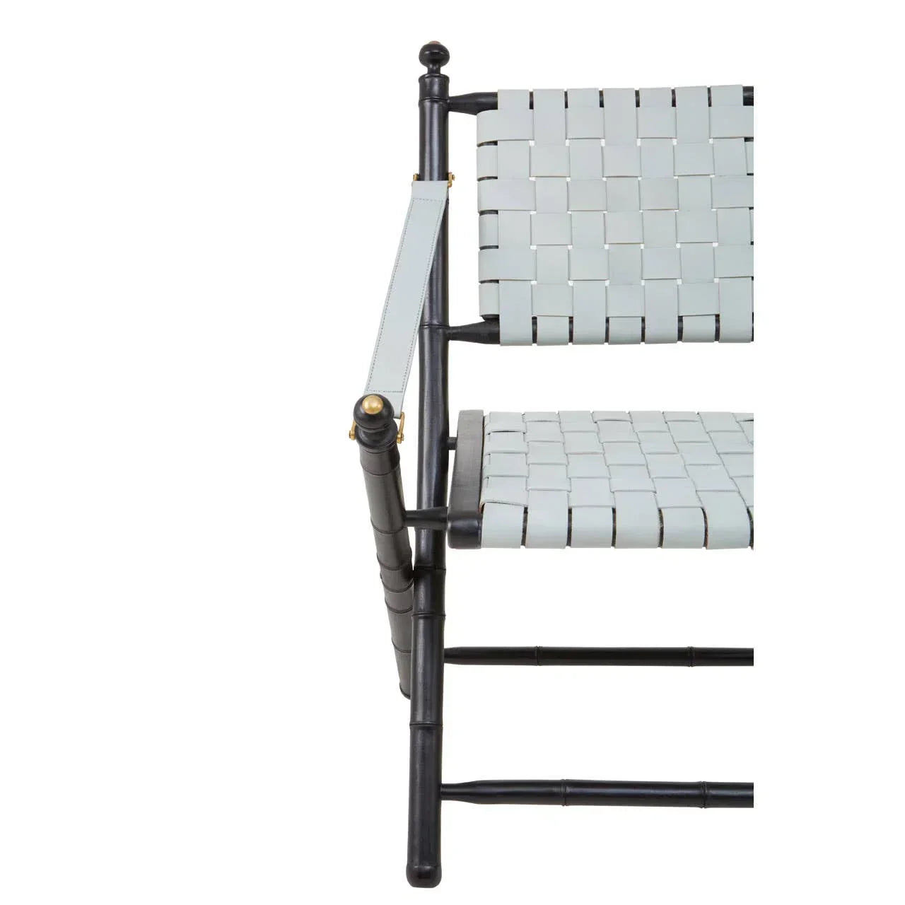 Woven light grey accent chair with black armrest and frame, partial side angle view