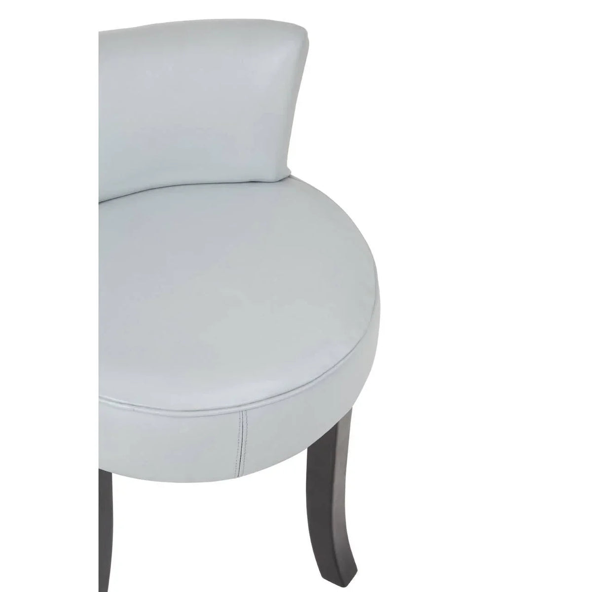 Light grey round upholstered chair with curved backrest and dark wooden legs