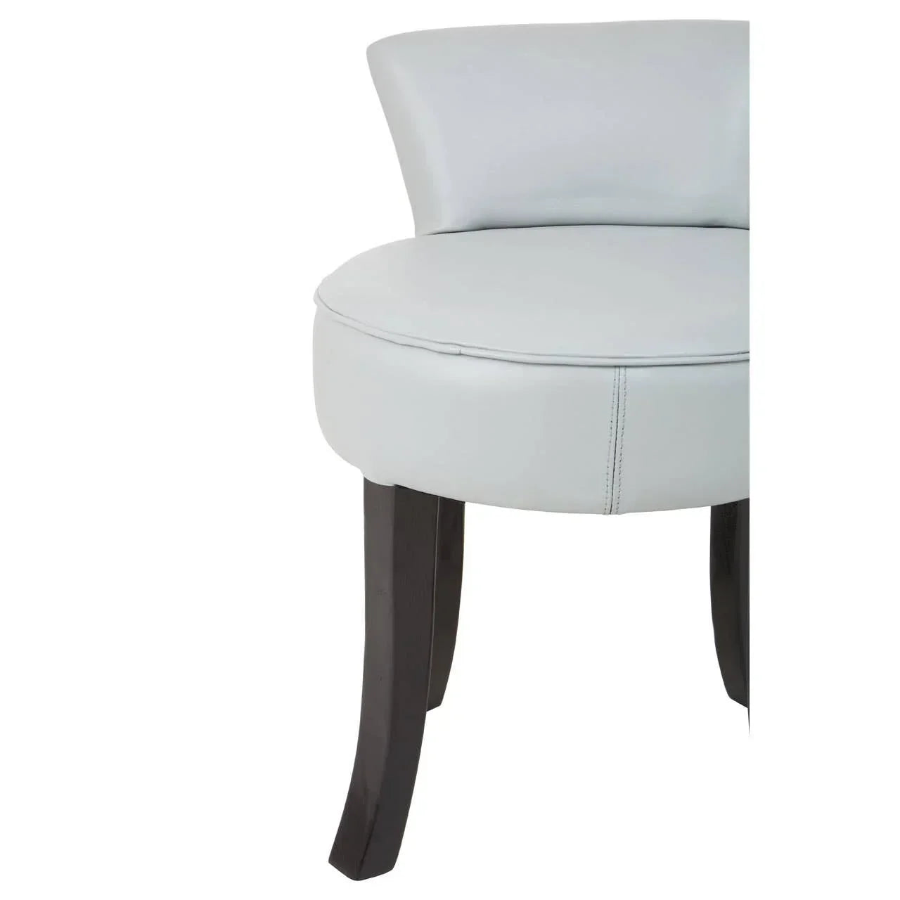 Light grey upholstered stool with round seat and dark wooden legs, closeup front view