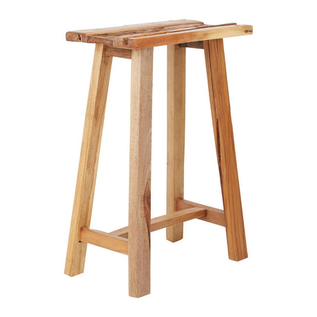 Kendari Teak Wood Stool featuring a simple, minimalist design with a rectangular seat and four sturdy legs, showcasing the natural grain and warm tones of teak wood