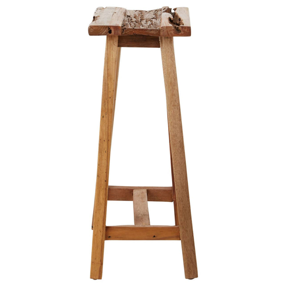 Kendari Teak Wood Stool featuring a natural wood finish, a rectangular seat with a textured surface, and four sturdy legs that provide stability. The design highlights the grain of the teak wood, showcasing its warm tones and organic appeal