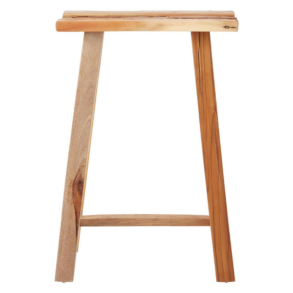 Kendari Teak Wood Stool featuring a simple, minimalist design with a rectangular top and four angled legs, showcasing the natural grain and warm tones of the teak wood
