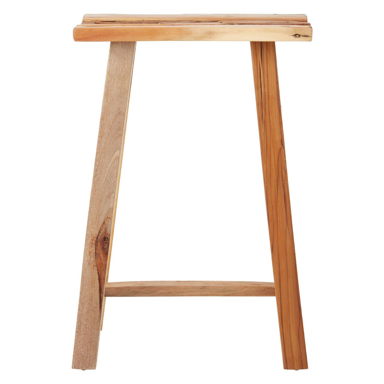 Kendari Teak Wood Stool featuring a simple, minimalist design with a rectangular top and four angled legs, showcasing the natural grain and warm tones of the teak wood