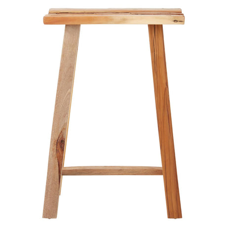 Kendari Teak Wood Stool featuring a simple, minimalist design with a rectangular top and four angled legs, showcasing the natural grain and warm tones of the teak wood