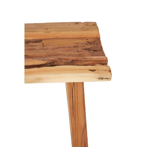 Teak wood stool featuring a natural, irregularly shaped seat with a smooth surface and a sturdy, minimalist leg design. The wood displays a rich, warm tone with visible grain patterns and textures