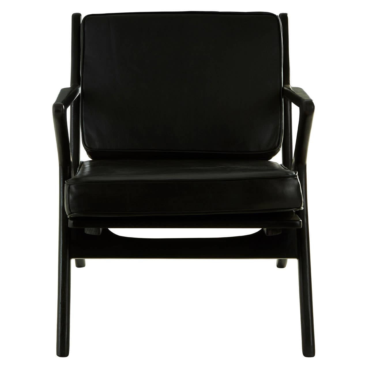 Black leather armchair with a sleek teak wood frame, featuring a minimalist design and comfortable seating. The chair has a square backrest and armrests, showcasing a modern aesthetic suitable for various interior styles