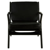 Black leather armchair with a sleek teak wood frame, featuring a minimalist design and comfortable seating. The chair has a square backrest and armrests, showcasing a modern aesthetic suitable for various interior styles