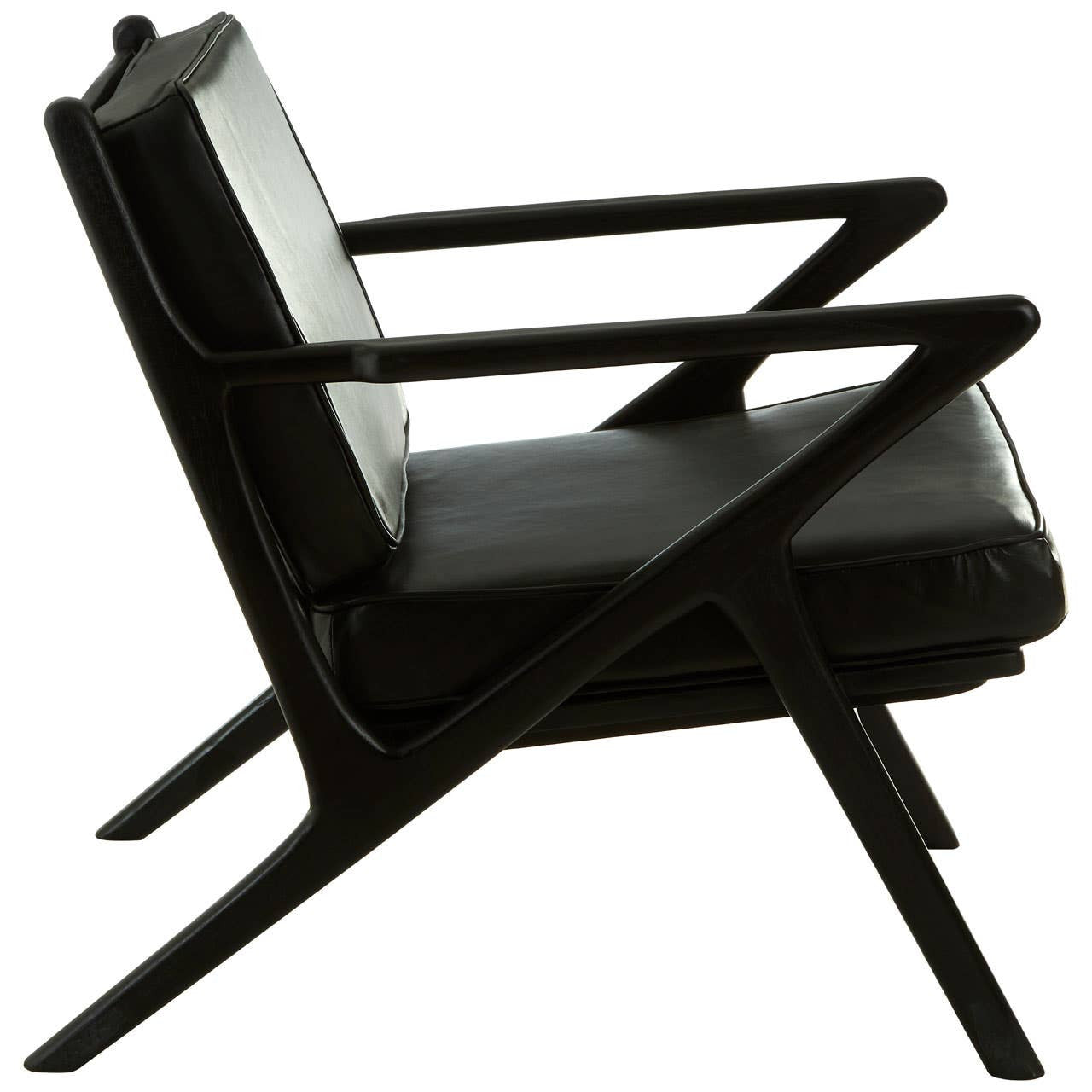 Black leather armchair with a sleek teak wood frame, featuring a modern design and angled legs. The chair has a low profile and wide armrests, showcasing a minimalist aesthetic