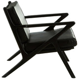 Black leather armchair with a sleek teak wood frame, featuring a modern design and angled legs. The chair has a low profile and wide armrests, showcasing a minimalist aesthetic