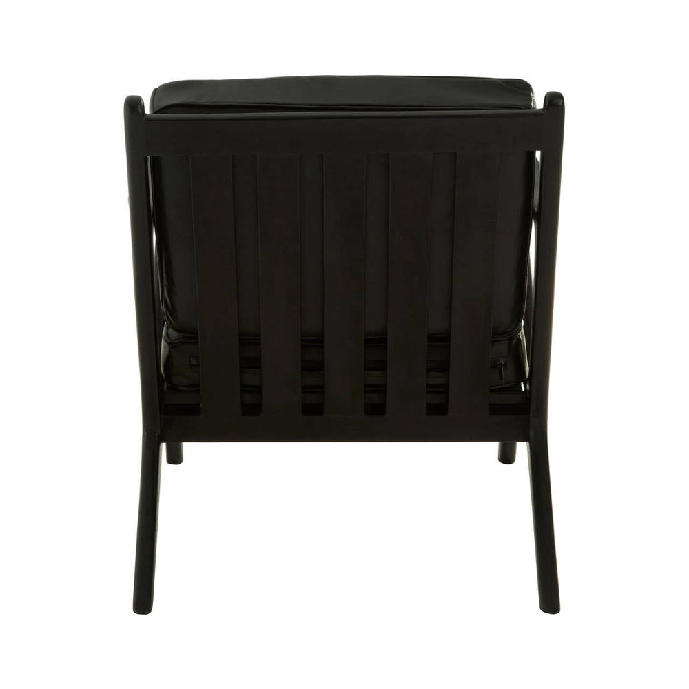 Black leather armchair with a teak wood frame, showcasing a minimalist design. The backrest features vertical slats, and the chair has a sturdy, open structure. The overall aesthetic is modern and elegant, suitable for various interior styles