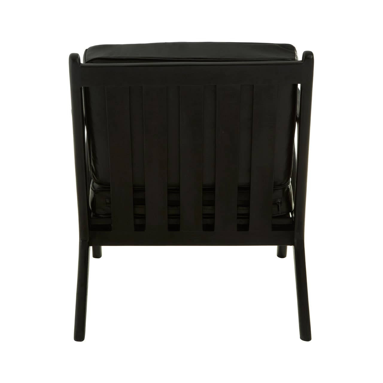 Black leather armchair with a teak wood frame, showcasing a minimalist design. The backrest features vertical slats, and the chair has a sturdy, open structure. The overall aesthetic is modern and elegant, suitable for various interior styles
